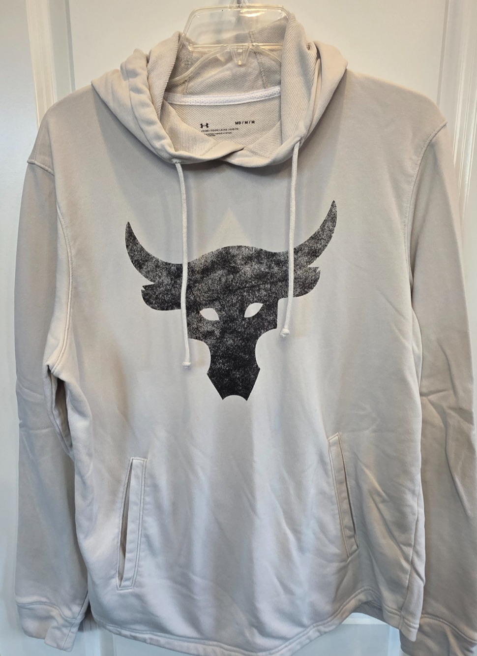 Under Armour Pullover Hoodie Loose Men's Medium Cream Project Rock Bull Logo Fit